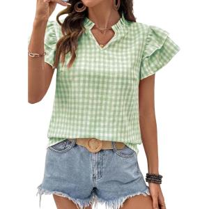 image:imageSHEWIN Womens Tops V Neck Ruffle Short Sleeve Gingham Shirts Blouses Cute Summer Tops for Women 2026Light Green