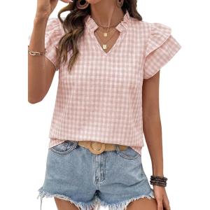 image:imageSHEWIN Womens Tops V Neck Ruffle Short Sleeve Gingham Shirts Blouses Cute Summer Tops for Women 2026Light Pink