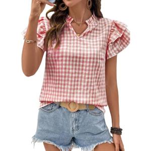 image:imageSHEWIN Womens Tops V Neck Ruffle Short Sleeve Gingham Shirts Blouses Cute Summer Tops for Women 2026Red