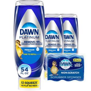 imageDawn Dish Soap Squeeze Bottle EZSqueeze Platinum Dish Soap LiquidNonScratch Sponges for Dishes Fresh Rain Includes 3x18oz Bottles2 SpongesRain