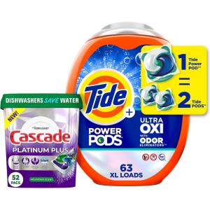 imageTide Ultra OXI Power PODS with Odor Eliminators Laundry Detergent Pacs 63 Count  Cascade Platinum Plus ActionPacs Dishwasher Detergent Pods Mountain 52 Count Bundle