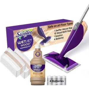 imageSwiffer WetJet Wood Floor Mopping and Cleaning Starter Kit All Purpose Floor Cleaning Products 1 Mop 10 Pads Cleaning Solution Batteries