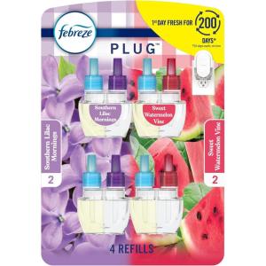 imageFebreze OdorFighting Fade Defy PLUG Air Freshener Southern Lilac Mornings Sweet Watermelon Vine Pack of 4 2 of Each 79 fl oz Oil Refill