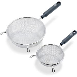 imageGreenLife Cooking Tools and Utensils 2 Piece Extra Fine Stainless Steel Mesh Strainer Kitchen Set Stay Cool Handles Dishwasher Safe BPAFree TurquoiseGray