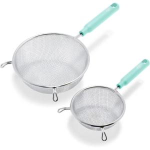 imageGreenLife Cooking Tools and Utensils 2 Piece Extra Fine Stainless Steel Mesh Strainer Kitchen Set Stay Cool Handles Dishwasher Safe BPAFree TurquoiseTurquoise