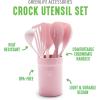 imageGreenLife Cooking Tools and Utensils 7 Piece Nylon and Wood Kitchen Set with Ceramic Crock Holder Heat Resistant Spatula and Spoons BPAFree BlackSoft Pink