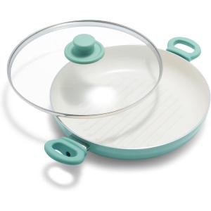 imageGreenLife 11 Healthy Ceramic Nonstick Grill Pan with 2 Handles and Lid PFASFree Rivetless Interior Grill Ridges Dishwasher Safe Oven Safe Soft PinkTurquoise