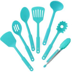 imageGreenLife Cooking Tools and Utensils 7 Piece Nylon Set including Spatulas Turner Spoons and Tongs Dishwasher Safe Light YellowCaribbean Blue