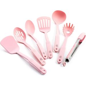 imageGreenLife Cooking Tools and Utensils 7 Piece Nylon Set including Spatulas Turner Spoons and Tongs Dishwasher Safe Light YellowSoft Pink