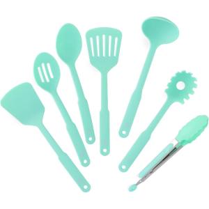 imageGreenLife Cooking Tools and Utensils 7 Piece Nylon Set including Spatulas Turner Spoons and Tongs Dishwasher Safe Light YellowTurquoise