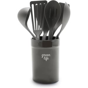imageGreenLife Cooking Tools and Utensils 7 Piece Nylon and Wood Kitchen Set with Ceramic Crock Holder Heat Resistant Spatula and Spoons BPAFree BlackBlack