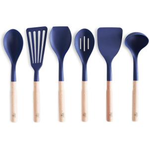 imageGreenLife Cooking Tools and Utensils 7 Piece Nylon and Wood Kitchen Set with Ceramic Crock Holder Heat Resistant Spatula and Spoons BPAFree BlackBlue