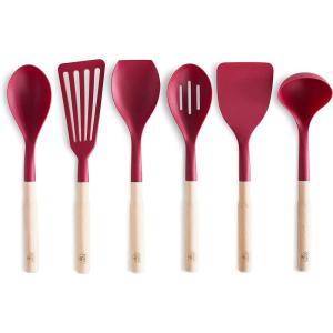 imageGreenLife Cooking Tools and Utensils 7 Piece Nylon and Wood Kitchen Set with Ceramic Crock Holder Heat Resistant Spatula and Spoons BPAFree BlackRed
