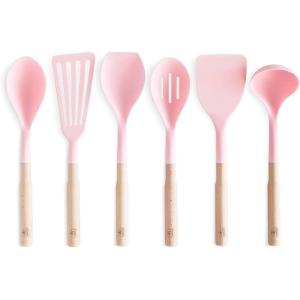 imageGreenLife Cooking Tools and Utensils 7 Piece Nylon and Wood Kitchen Set with Ceramic Crock Holder Heat Resistant Spatula and Spoons BPAFree BlackSoft Pink