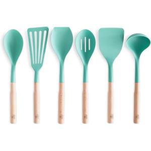imageGreenLife Cooking Tools and Utensils 7 Piece Nylon and Wood Kitchen Set with Ceramic Crock Holder Heat Resistant Spatula and Spoons BPAFree BlackTurquoise