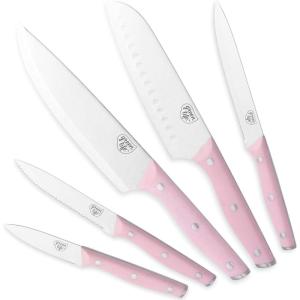 imageGreenLife High Carbon Stainless Steel 5 Piece Knife Set with Covers Includes Chef Santoku Serrated Utility and Pairing Comfort Grip Handles Triple Rivet Cutlery TurquoisePink