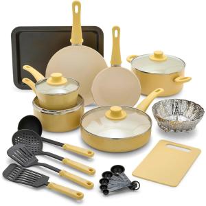 imageGreenLife Soft Grip Diamond Healthy Ceramic Nonstick 13 Piece Cookware Pots and Pans Set PFASFree Dishwasher Safe Turquoise Diamond CookwareYellow
