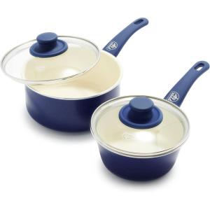imageGreenLife Soft Grip Healthy Ceramic Nonstick 1QT and 2QT Saucepan Pot Set with Lids PFASFree Dishwasher Safe Caribbean BlueBlue