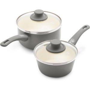 imageGreenLife Soft Grip Healthy Ceramic Nonstick 1QT and 2QT Saucepan Pot Set with Lids PFASFree Dishwasher Safe Caribbean BlueGray