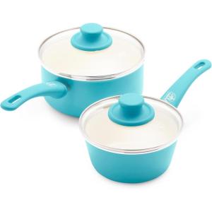 imageGreenLife Soft Grip Healthy Ceramic Nonstick 1QT and 2QT Saucepan Pot Set with Lids PFASFree Dishwasher Safe Caribbean BlueHibiscus