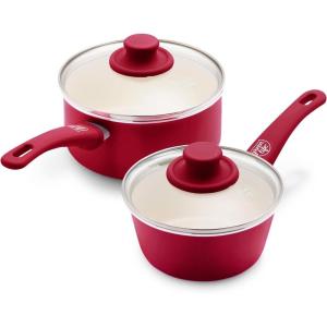 imageGreenLife Soft Grip Healthy Ceramic Nonstick 1QT and 2QT Saucepan Pot Set with Lids PFASFree Dishwasher Safe Caribbean BlueRed