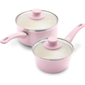 imageGreenLife Soft Grip Healthy Ceramic Nonstick 1QT and 2QT Saucepan Pot Set with Lids PFASFree Dishwasher Safe Caribbean BlueSoft Pink