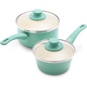imageGreenLife Soft Grip Healthy Ceramic Nonstick 1QT and 2QT Saucepan Pot Set with Lids PFASFree Dishwasher Safe Caribbean BlueTurquoise