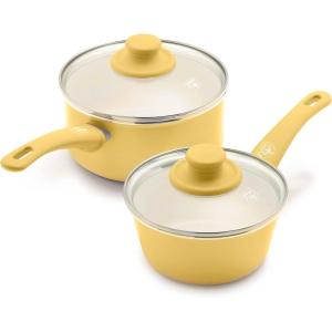 imageGreenLife Soft Grip Healthy Ceramic Nonstick 1QT and 2QT Saucepan Pot Set with Lids PFASFree Dishwasher Safe Caribbean BlueYellow