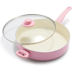 imageGreenlife Soft Grip Healthy Ceramic Nonstick 5QT Saute Pan Jumbo Cooker with Helper Handle and Lid PFASFree Dishwasher Safe PinkPink