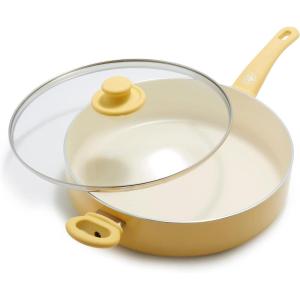 imageGreenlife Soft Grip Healthy Ceramic Nonstick 5QT Saute Pan Jumbo Cooker with Helper Handle and Lid PFASFree Dishwasher Safe PinkYellow