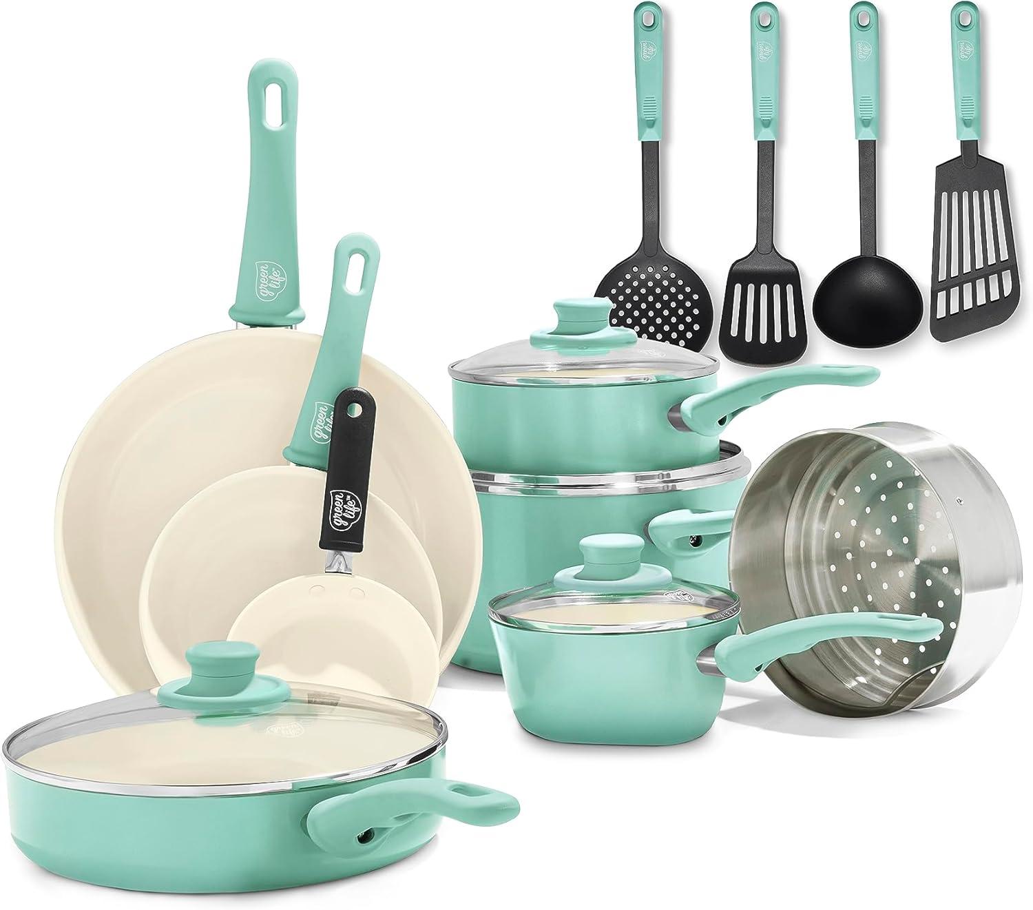 imageGreenLife Soft Grip 16 Piece Cookware Set NonToxic PFASFree Ceramic Nonstick Frying Sauce Saute Utensils Glass Lids StayCool Handles Wobble Free Dishwasher ampamp Oven Safe Black DiamondTurquoise