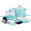 imageGreenLife Soft Grip 16 Piece Cookware Set NonToxic PFASFree Ceramic Nonstick Frying Sauce Saute Utensils Glass Lids StayCool Handles Wobble Free Dishwasher ampamp Oven Safe Black DiamondTurquoise