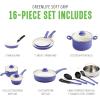 imageGreenLife Soft Grip 16 Piece Cookware Set NonToxic PFASFree Ceramic Nonstick Frying Sauce Saute Utensils Glass Lids StayCool Handles Wobble Free Dishwasher ampamp Oven Safe Black DiamondPeriwinkle