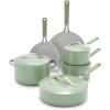 imageGreenLife Dream 10Piece Ceramic Nonstick Cookware Set Pots Frying ampamp Sauce Pans PFASFree ampamp PFOAFree Dishwasher ampamp Oven Safe StayCool Handles Durable Aluminum Body Versatile Cooking Blue HazeSage Green