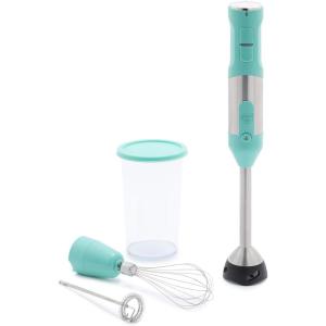 imageGreenLife 500Watt Immersion Electric Handheld Stick Blender with Stainless Steel Blades Whisk Frother Measuring Cup and Lid Soups Puree Cake MultiSpeed Control Portable BlackTurquoise