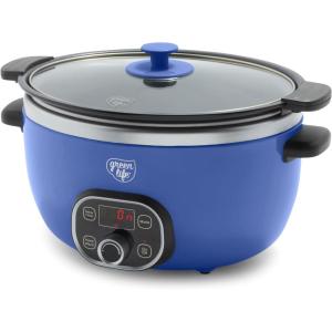 imageGreenLife 6 QT Ceramic Slow Cooker PFASFree Programmable Removable Healthy Nonstick Pot for large families Sear on Stovetop Keep Warm Digital Timer Dishwasher Safe Glass Lid ampamp Crock BlueNight Blue