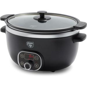 imageGreenLife 6 QT Ceramic Slow Cooker PFASFree Programmable Removable Healthy Nonstick Pot for large families Sear on Stovetop Keep Warm Digital Timer Dishwasher Safe Glass Lid ampamp Crock BlueBlack
