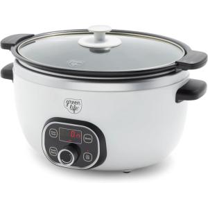 imageGreenLife 6 QT Ceramic Slow Cooker PFASFree Programmable Removable Healthy Nonstick Pot for large families Sear on Stovetop Keep Warm Digital Timer Dishwasher Safe Glass Lid ampamp Crock BlueWhite