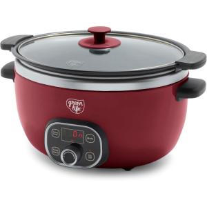 imageGreenLife 6 QT Ceramic Slow Cooker PFASFree Programmable Removable Healthy Nonstick Pot for large families Sear on Stovetop Keep Warm Digital Timer Dishwasher Safe Glass Lid ampamp Crock BlueRed