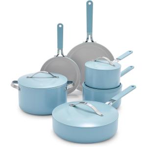 imageGreenLife Dream 10Piece Ceramic Nonstick Cookware Set Pots Frying ampamp Sauce Pans PFASFree ampamp PFOAFree Dishwasher ampamp Oven Safe StayCool Handles Durable Aluminum Body Versatile Cooking Blue HazeBlue Haze