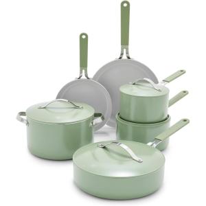 imageGreenLife Dream 10Piece Ceramic Nonstick Cookware Set Pots Frying ampamp Sauce Pans PFASFree ampamp PFOAFree Dishwasher ampamp Oven Safe StayCool Handles Durable Aluminum Body Versatile Cooking Blue HazeSage Green