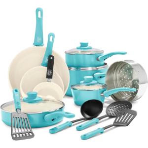 imageGreenLife Soft Grip 16 Piece Cookware Set NonToxic PFASFree Ceramic Nonstick Frying Sauce Saute Utensils Glass Lids StayCool Handles Wobble Free Dishwasher ampamp Oven Safe Black DiamondCaribbean Blue