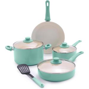 imageGreenLife Soft Grip 16 Piece Cookware Set NonToxic PFASFree Ceramic Nonstick Frying Sauce Saute Utensils Glass Lids StayCool Handles Wobble Free Dishwasher ampamp Oven Safe Black DiamondTurquoise