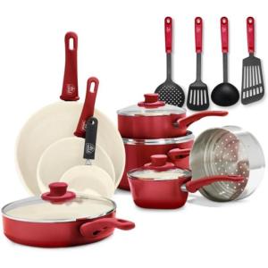 imageGreenLife Soft Grip 16 Piece Cookware Set NonToxic PFASFree Ceramic Nonstick Frying Sauce Saute Utensils Glass Lids StayCool Handles Wobble Free Dishwasher ampamp Oven Safe Black DiamondRed
