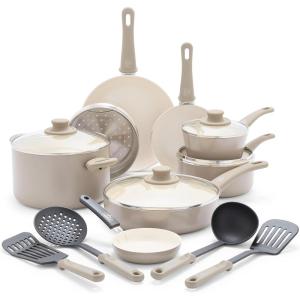 imageGreenLife Soft Grip 16 Piece Cookware Set NonToxic PFASFree Ceramic Nonstick Frying Sauce Saute Utensils Glass Lids StayCool Handles Wobble Free Dishwasher ampamp Oven Safe Black DiamondTaupe