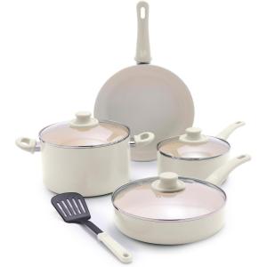 imageGreenLife Soft Grip 16 Piece Cookware Set NonToxic PFASFree Ceramic Nonstick Frying Sauce Saute Utensils Glass Lids StayCool Handles Wobble Free Dishwasher ampamp Oven Safe Black DiamondCream