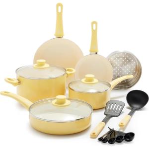 imageGreenLife Soft Grip 16 Piece Cookware Set NonToxic PFASFree Ceramic Nonstick Frying Sauce Saute Utensils Glass Lids StayCool Handles Wobble Free Dishwasher ampamp Oven Safe Black DiamondYellow