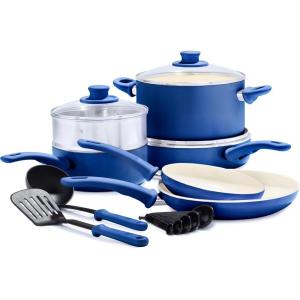 imageGreenLife Soft Grip 16 Piece Cookware Set NonToxic PFASFree Ceramic Nonstick Frying Sauce Saute Utensils Glass Lids StayCool Handles Wobble Free Dishwasher ampamp Oven Safe Black DiamondBlue
