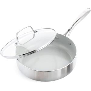 imageGreenLife TriPly Stainless Steel Healthy Ceramic Nonstick 8quot Frying Pan Skillet PFASFree Multi Clad Induction Dishwasher Safe Oven Safe Silver375QT Saute Pan Jumbo Cooker with Lid