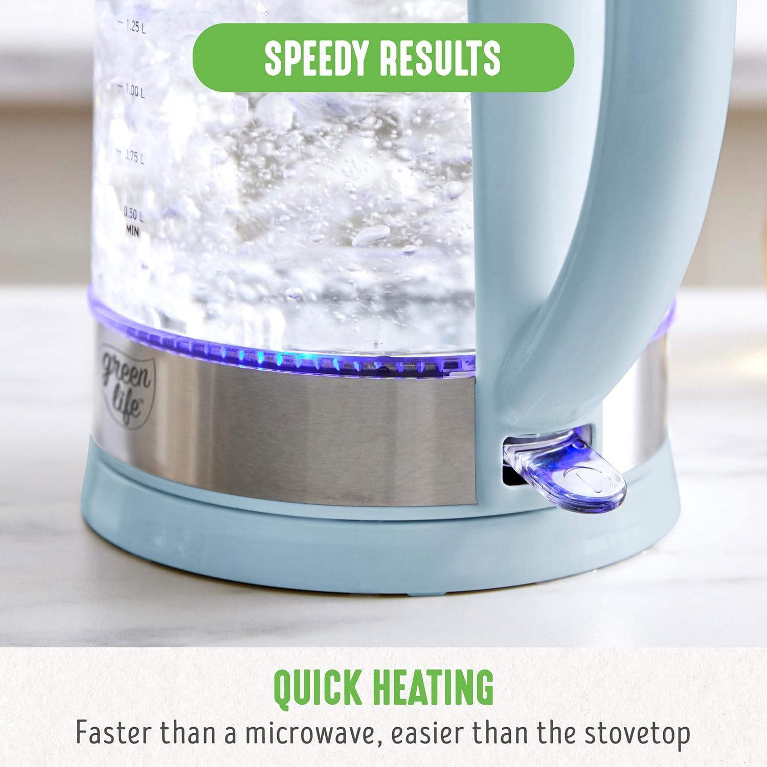 imageGreenLife 17 Liter Glass Electric Kettle Easy One Touch Use Quick Heating Filtered Spout LED Base Auto ShutOff Cordless Serving Coffee and Tea PinkBlue Haze